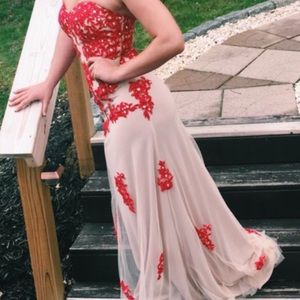 Tan and Red Embellished Prom Dress